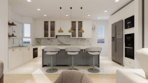 Extending the original kitchen, we used the client’s preferred creamy color and customized storage features to create a modern, functional, and spacious new kitchen.